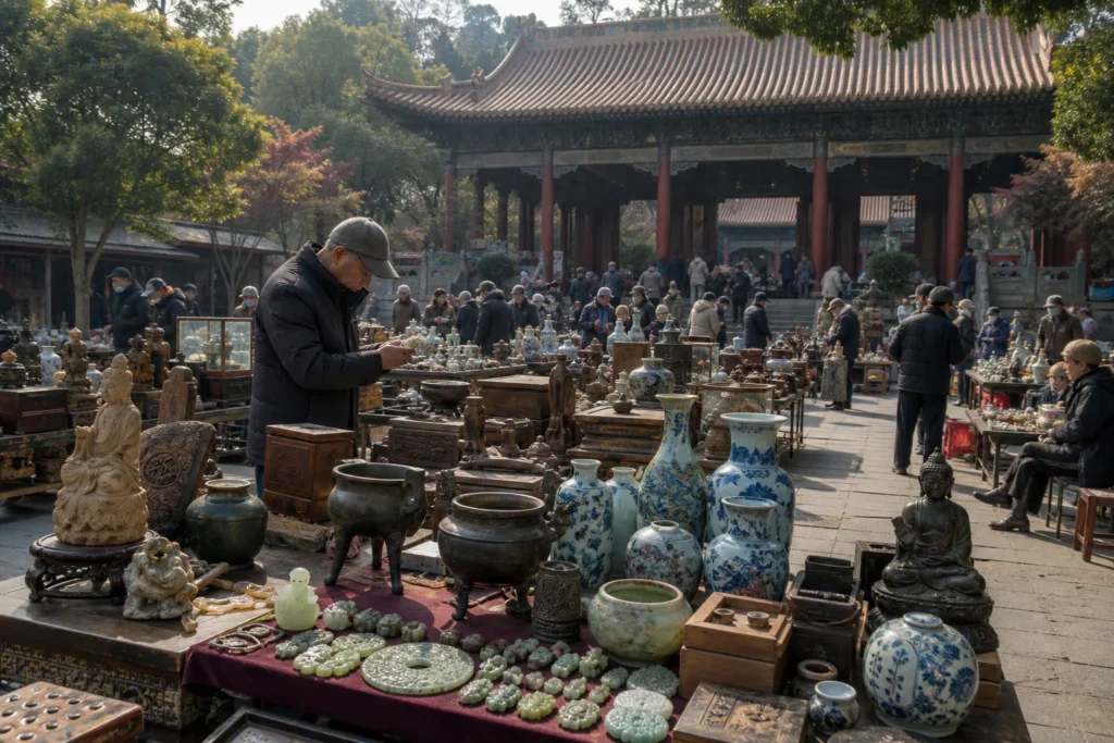shoppers browsing antique and vintage market stalls at Chao Tian Gong Antique Market in China