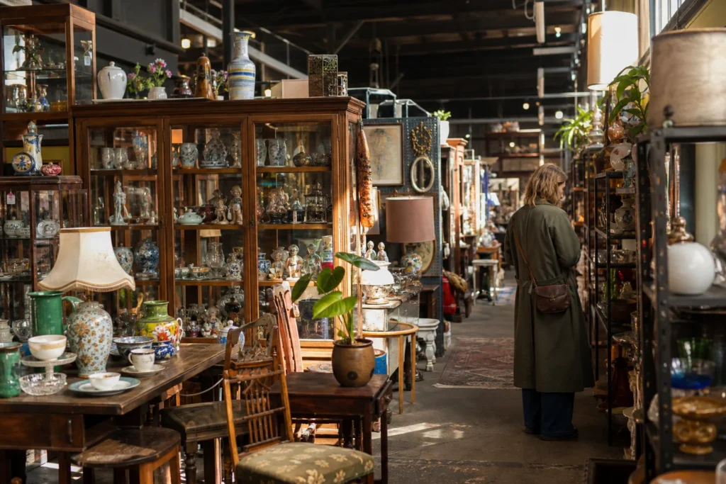 shoppers browsing antique and vintage market stalls at Chapel Street Bazaar in Melbourne