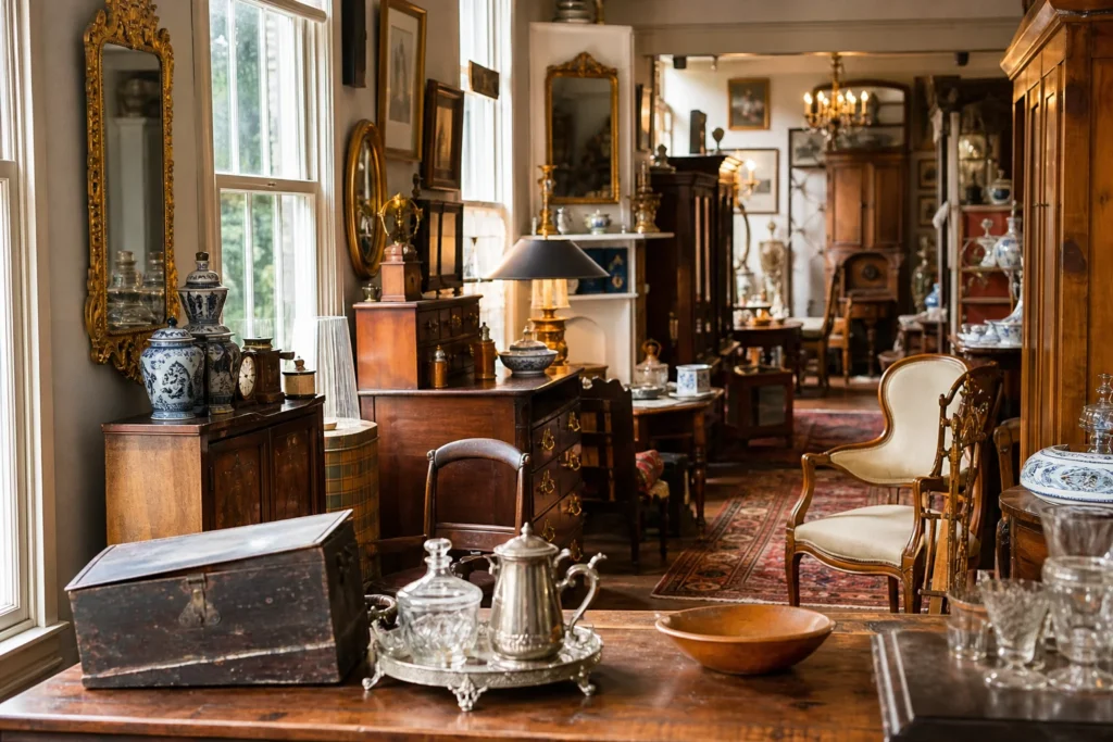 shoppers browsing antique and vintage market stalls at Charleston’s Antique District in South Carolina