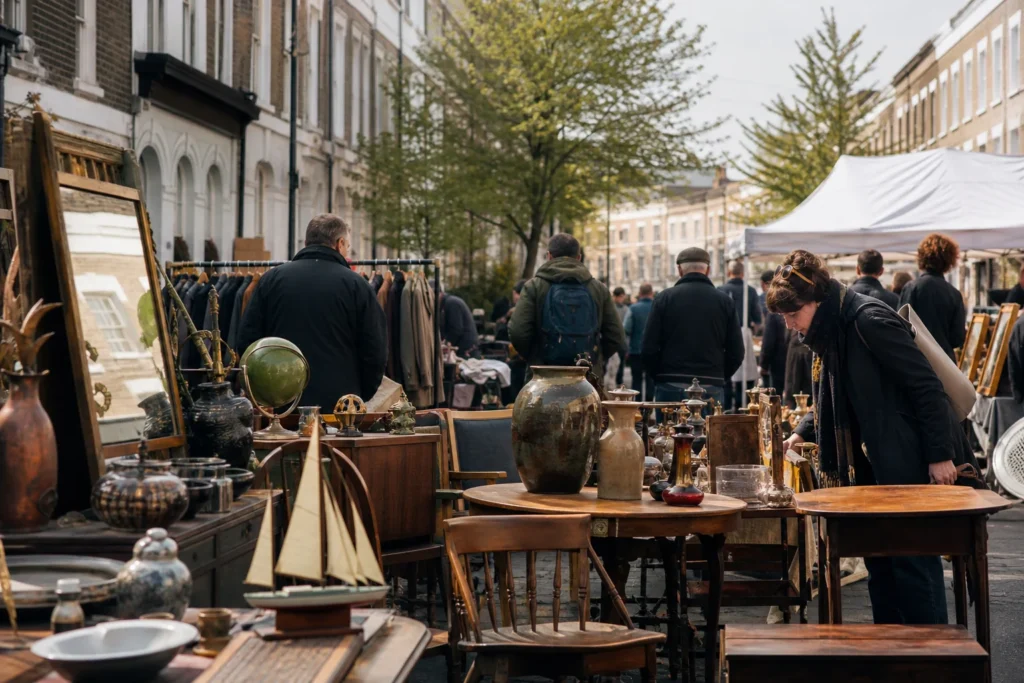shoppers browsing antique and vintage market stalls at Chatsworth Road Market in London
