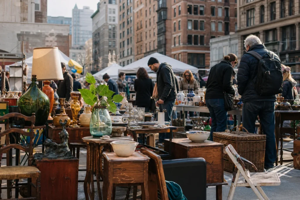 shoppers browsing antique and vintage market stalls at Chelsea Flea Market in New York City, New York State