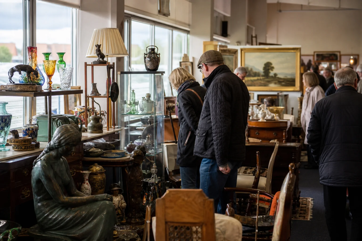 shoppers browsing antique and vintage market stalls at Chester Decorative, Antiques and Art Fair in United Kingdom
