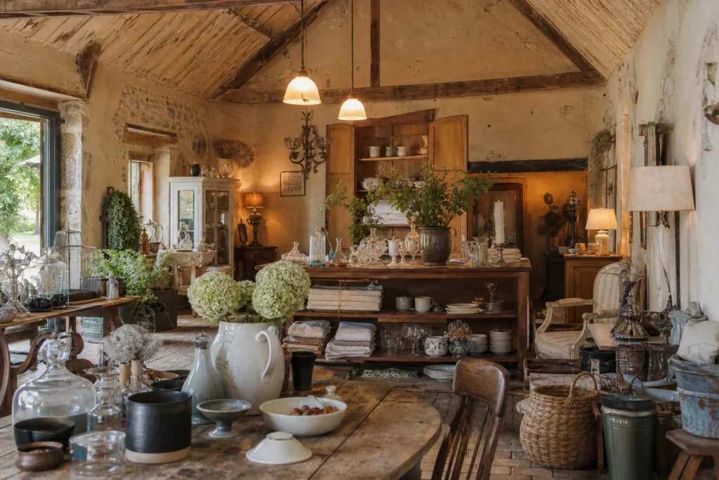 shoppers browsing antique and vintage market stalls at Chez Nous Campagne in France, Perche