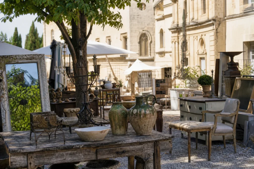shoppers browsing antique and vintage market stalls at Chez Pluie Provence in Place Charles David, 30400 Villeneuve-lès-Avignon, France