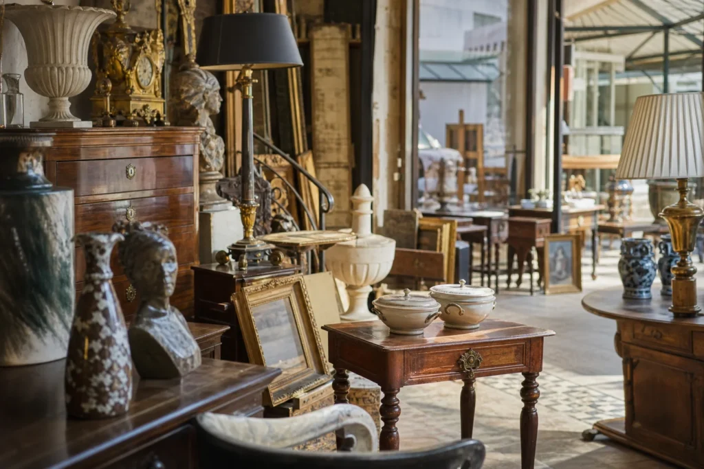 shoppers browsing antique and vintage market stalls at Christie’s in Place Charles David, 30400 Villeneuve-lès-Avignon, France