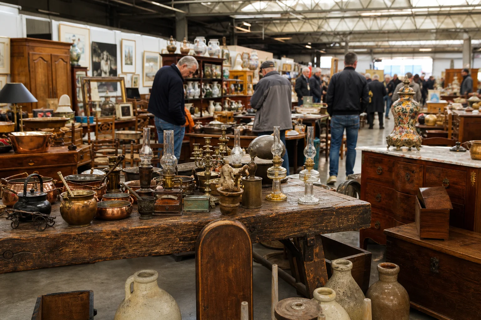 shoppers browsing antique and vintage market stalls at Ciney Puces et Salon des Antiquaires in Belgium