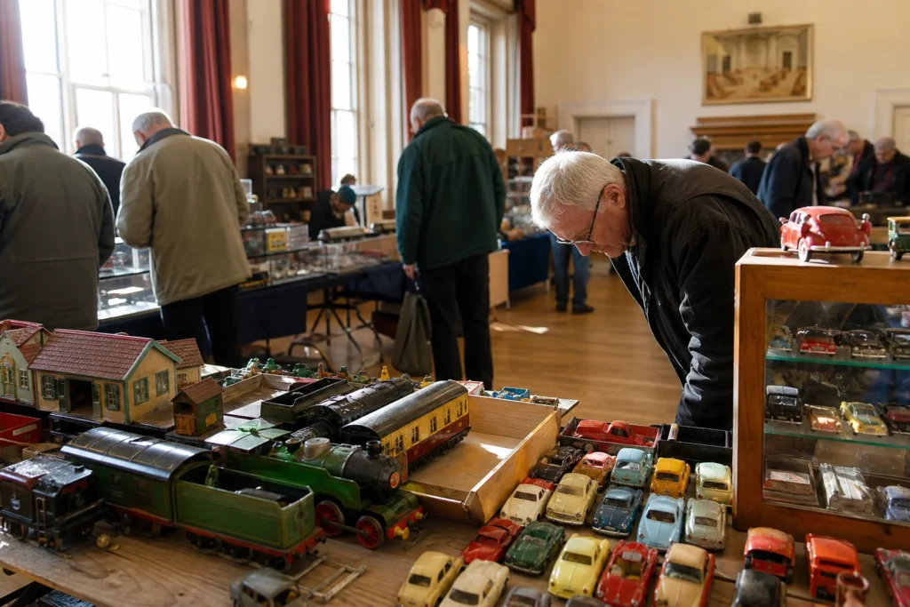 shoppers browsing antique and vintage market stalls at Cirencester’s Toy and Train Collector’s Fair in United Kingdom