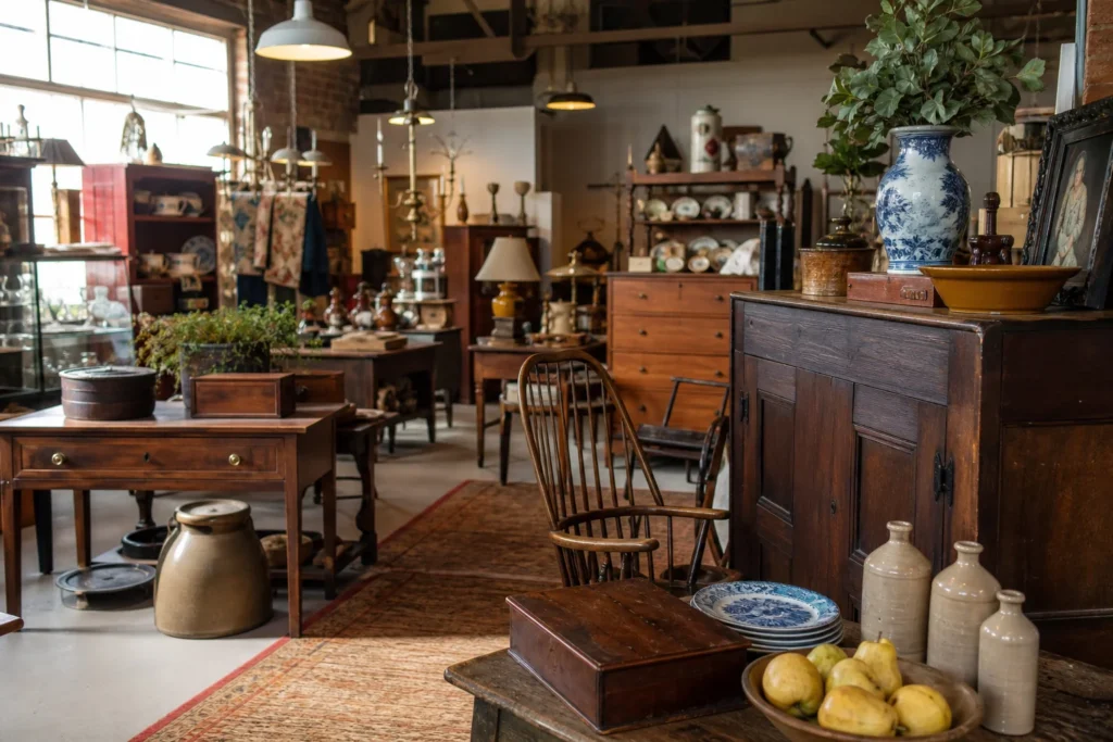 shoppers browsing antique and vintage market stalls at Clinton’s Antique District in Tennessee