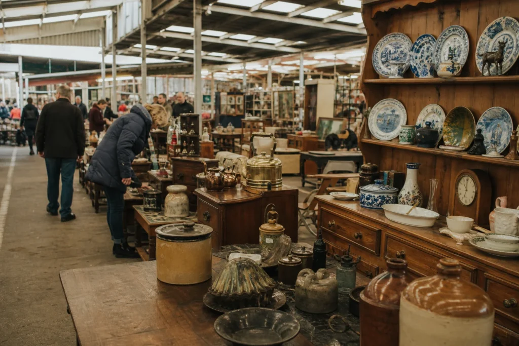 shoppers browsing antique and vintage market stalls at Clitheroe’s Giant Flea Market in United Kingdom