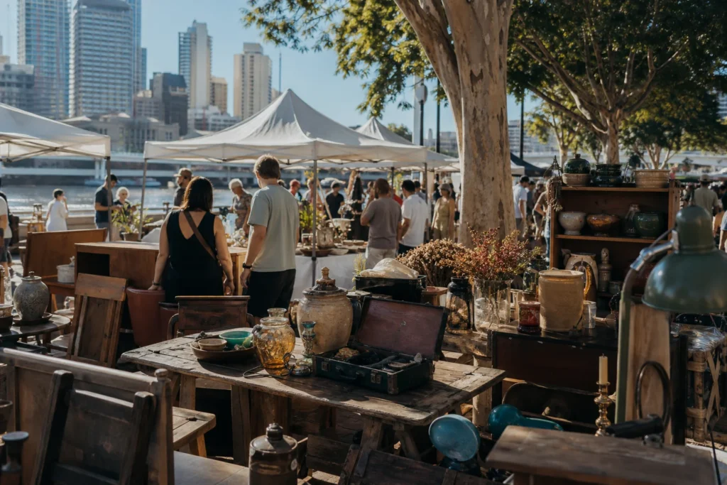 shoppers browsing antique and vintage market stalls at Collective Markets Southbank in Brisbane, Queensland