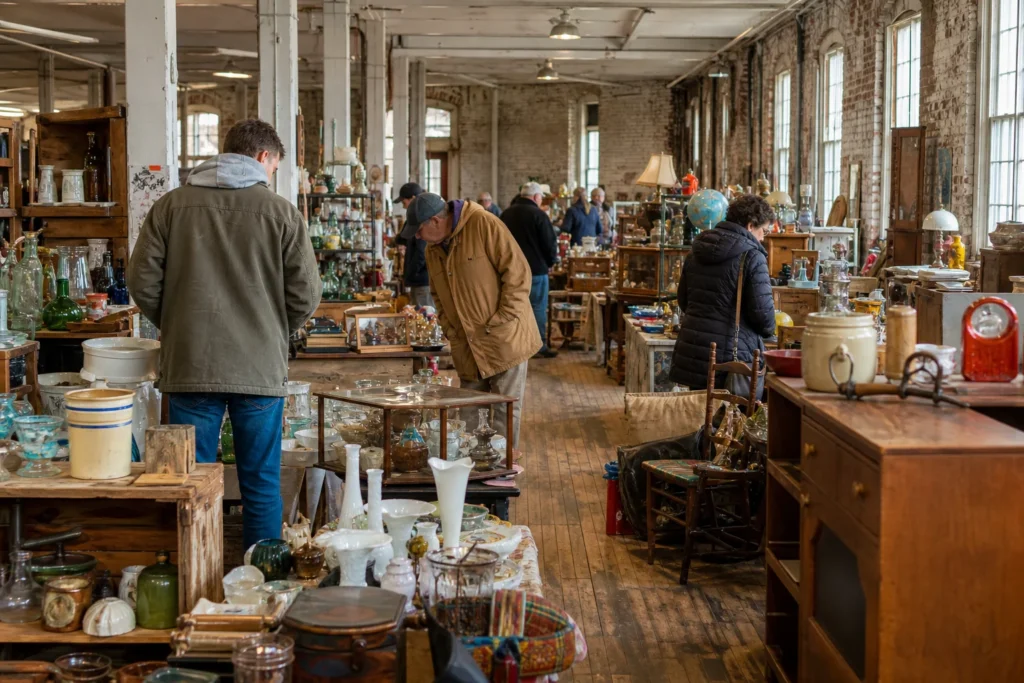 shoppers browsing antique and vintage market stalls at College Mart Flea Market in Connecticut