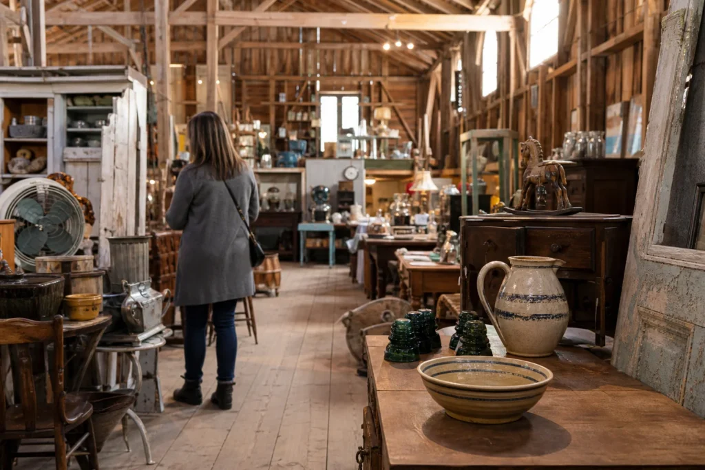 shoppers browsing antique and vintage market stalls at Cookstown Antique Market in Canada, Ontario