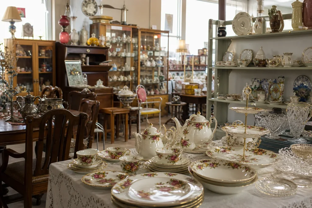 shoppers browsing antique and vintage market stalls at Corby’s Antiques and Collectibles in British Columbia, Vancouver