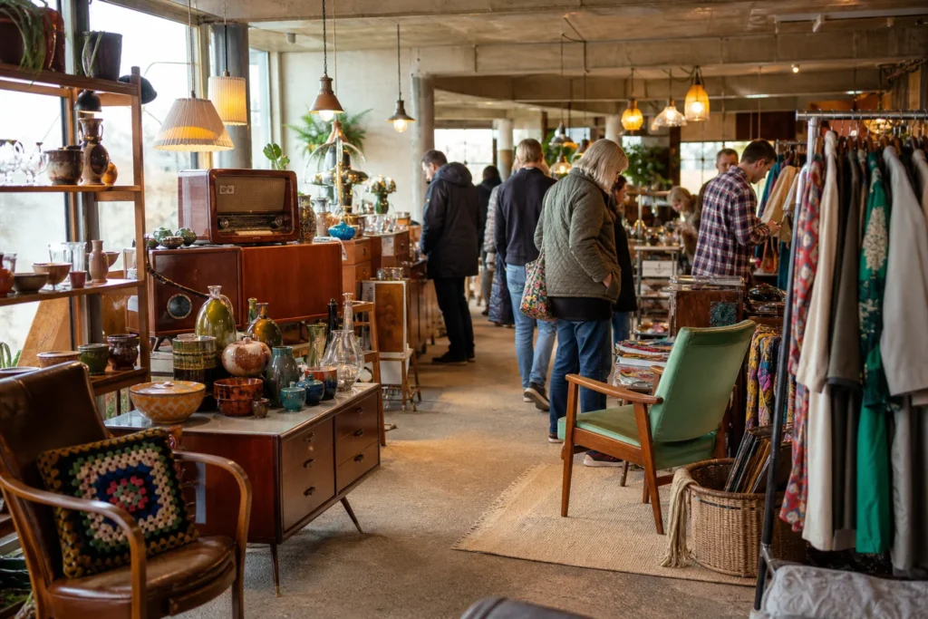 shoppers browsing antique and vintage market stalls at Cornwall’s Midcentury and Vintage Fair in United Kingdom