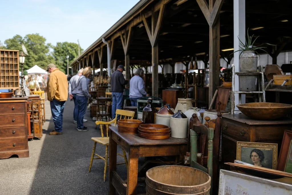 shoppers browsing antique and vintage market stalls at Corydon Extravaganza in Indiana