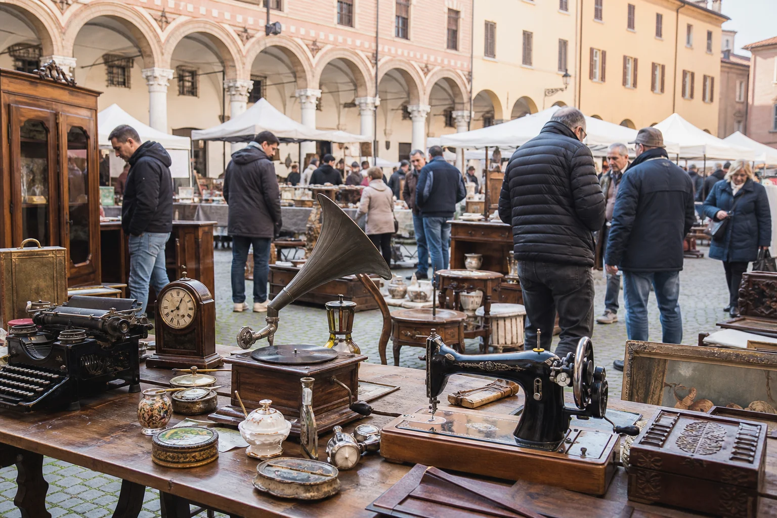 shoppers browsing antique and vintage market stalls at Cose d’Altri Tempi a Cortemaggiore in Italy