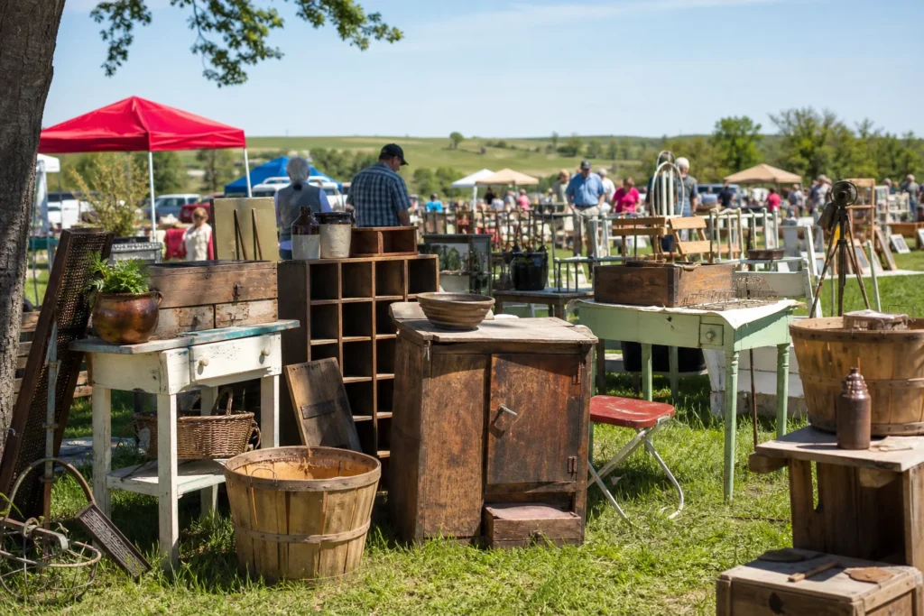 shoppers browsing antique and vintage market stalls at Country Market Days in Nebraska