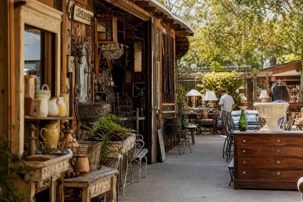 shoppers browsing antique and vintage market stalls at Country Roads Antiques in California, Los Angeles
