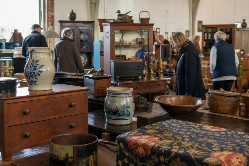 shoppers browsing antique and vintage market stalls at CT River Valley Antiques & Historic Homes Show in Connecticut