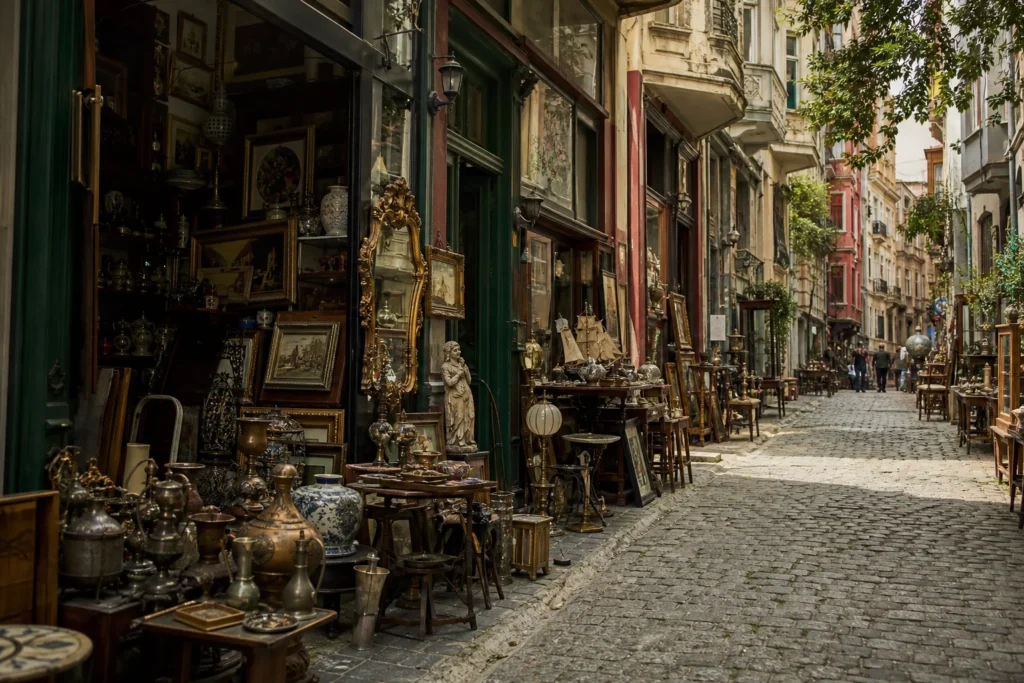 shoppers browsing antique and vintage market stalls at Çukurcuma Antique District in Turkey