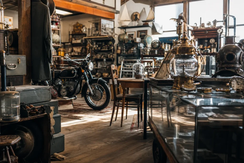 shoppers browsing antique and vintage market stalls at Curiosity Inc. in Alberta, Canada