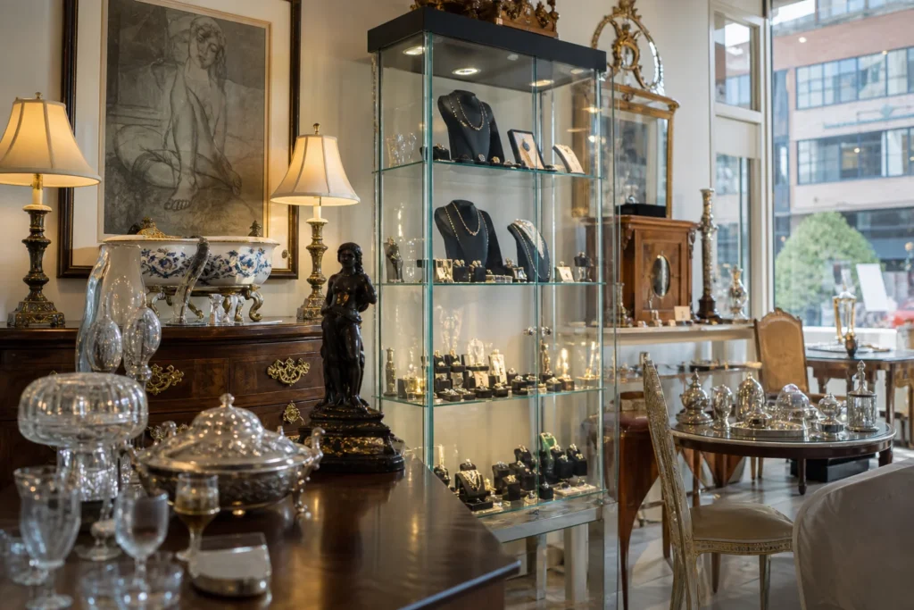 shoppers browsing antique and vintage market stalls at Cynthia Findlay Fine Jewellery and Antiques in Canada, Ontario