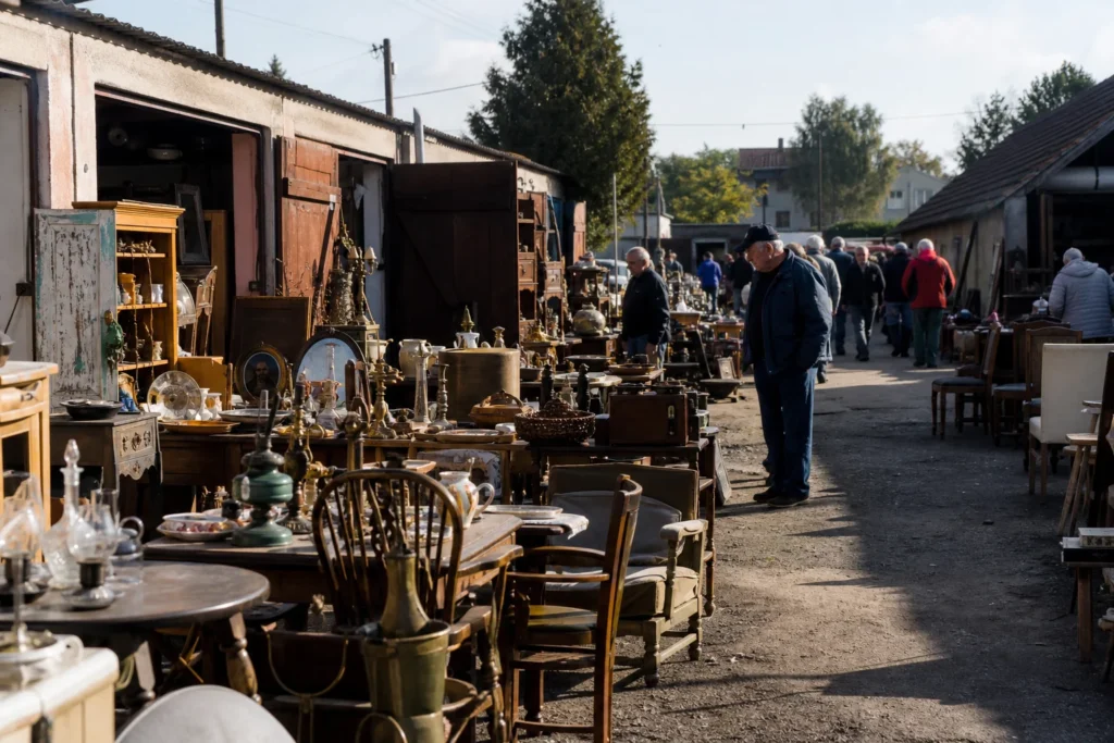 shoppers browsing antique and vintage market stalls at Czacz Flea Market in Poland