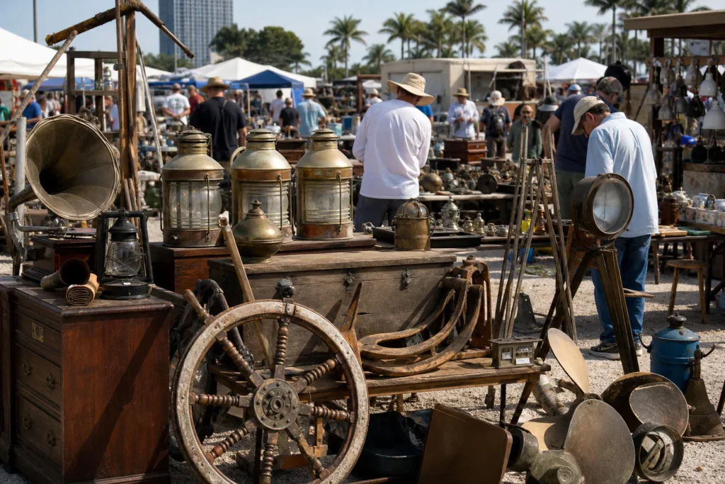 shoppers browsing antique and vintage market stalls at Dania Marine Flea Market in Florida, Miami
