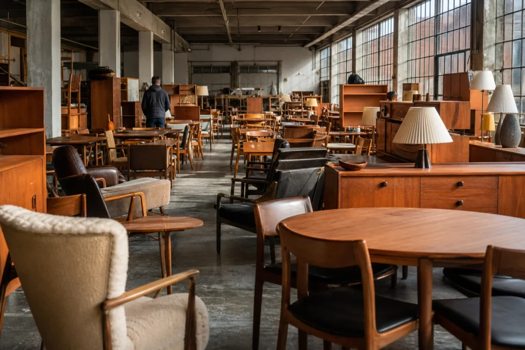 shoppers browsing antique and vintage market stalls at Danish Antique & Modern in Copenhagen