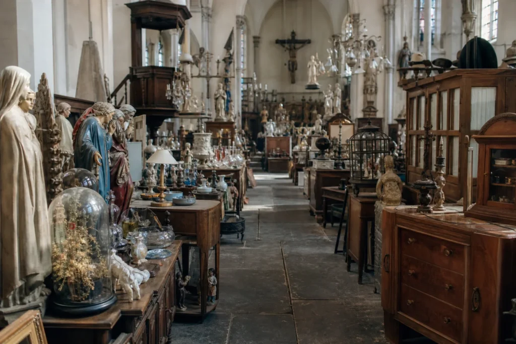 shoppers browsing antique and vintage market stalls at De 10 Geboden in Belgium