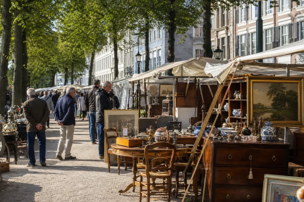 shoppers browsing antique and vintage market stalls at De Haagse Antiek en Boeken Markt in Netherlands