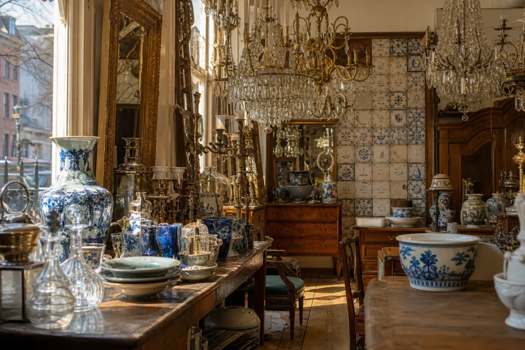 shoppers browsing antique and vintage market stalls at De Weldaad Antiek & Woondecoraties in Amsterdam, Netherlands