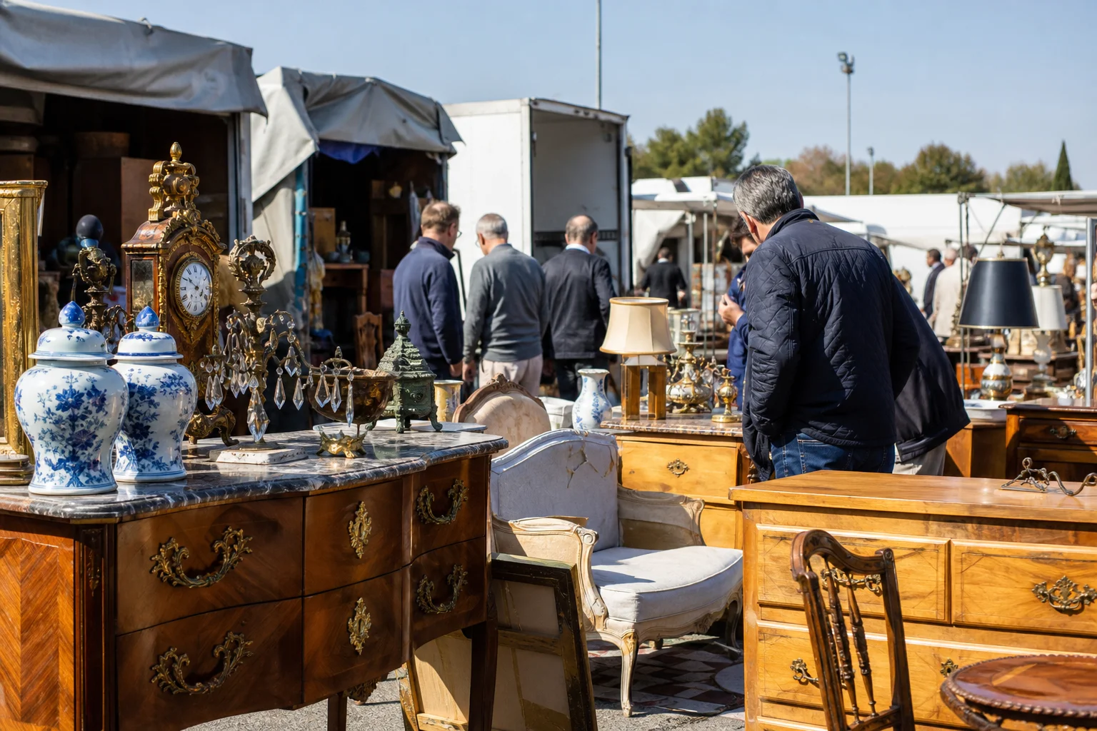 shoppers browsing antique and vintage market stalls at Déballage Marchand d’Avignon in Provence