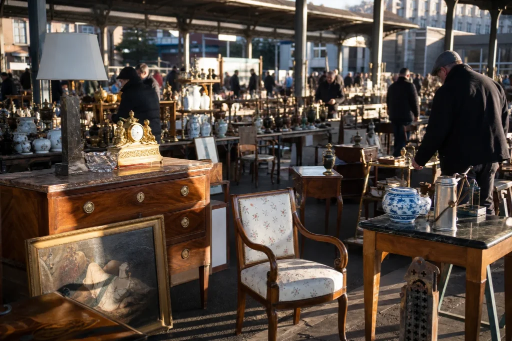 shoppers browsing antique and vintage market stalls at Déballage Marchand de Lille in France