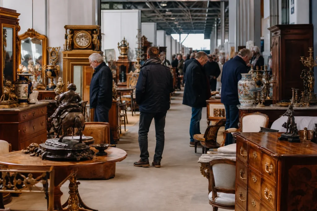 shoppers browsing antique and vintage market stalls at Déballage Marchand de Lyon in France