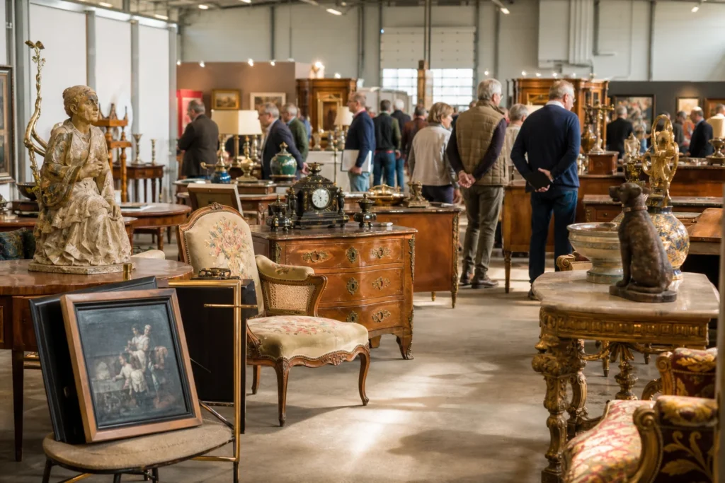 shoppers browsing antique and vintage market stalls at Déballage Marchand de Montpellier in Provence