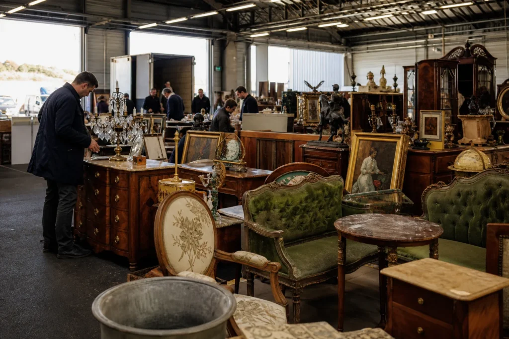 shoppers browsing antique and vintage market stalls at Déballage Marchand du Mans in France