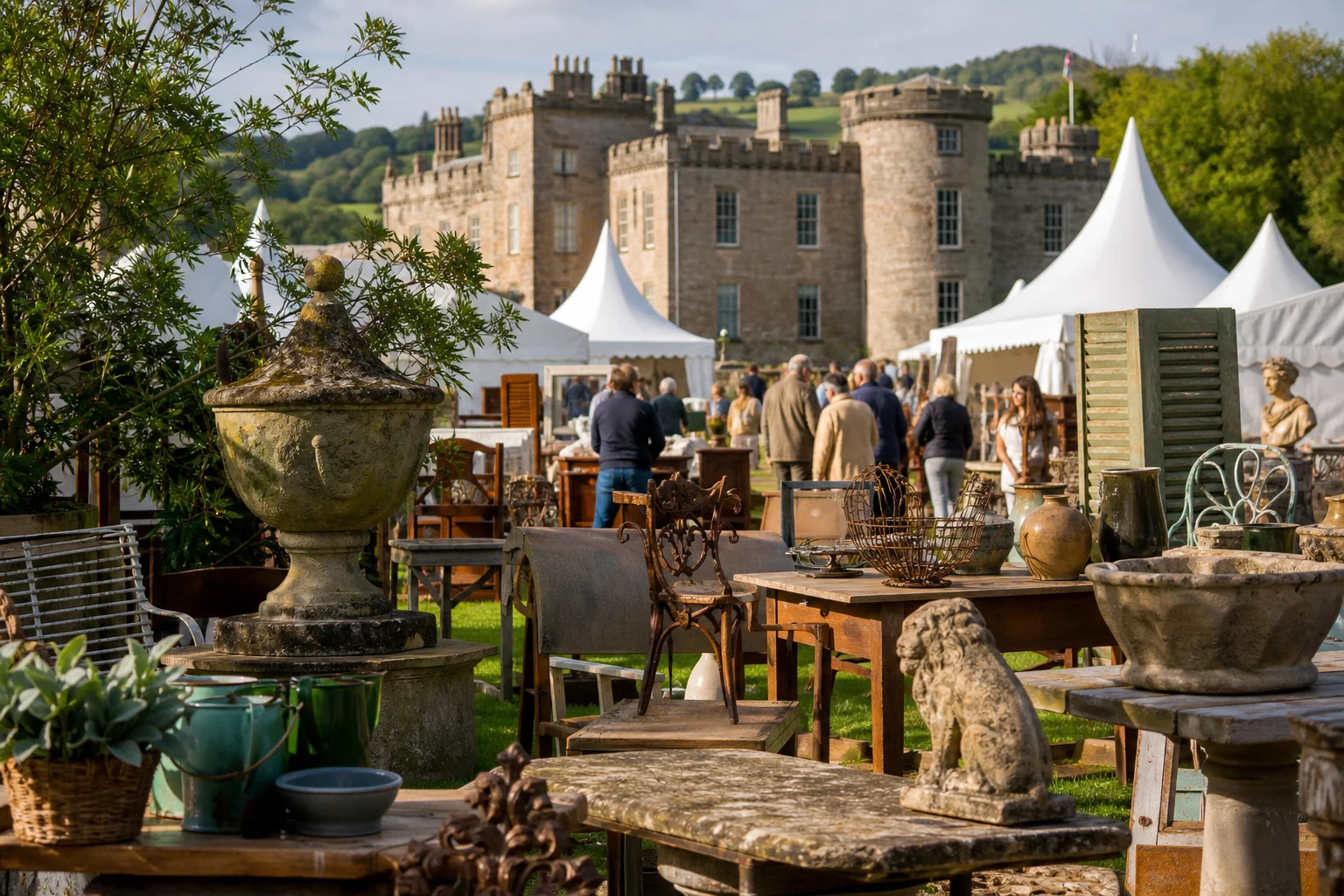shoppers browsing antique and vintage market stalls at Decorative Home & Salvage Show at Ripley Castle in United Kingdom