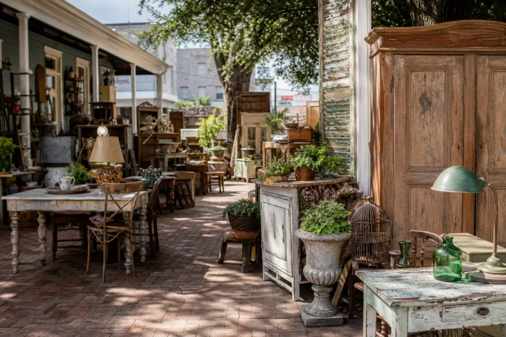 shoppers browsing antique and vintage market stalls at Denham Springs Antique Village in Louisiana