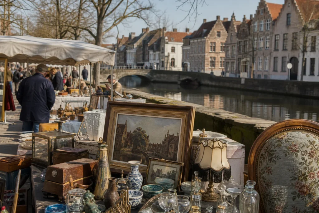 shoppers browsing antique and vintage market stalls at Dijver flea market in Belgium