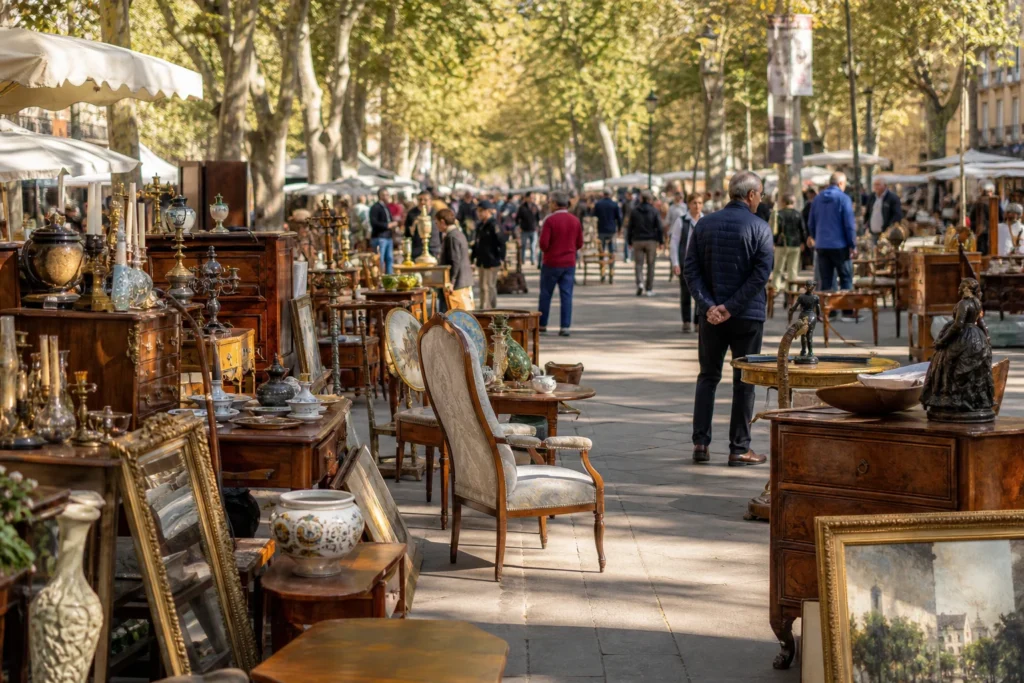 shoppers browsing antique and vintage market stalls at Dimanches des Antiquaires du Cours Mirabeau in France, Provence