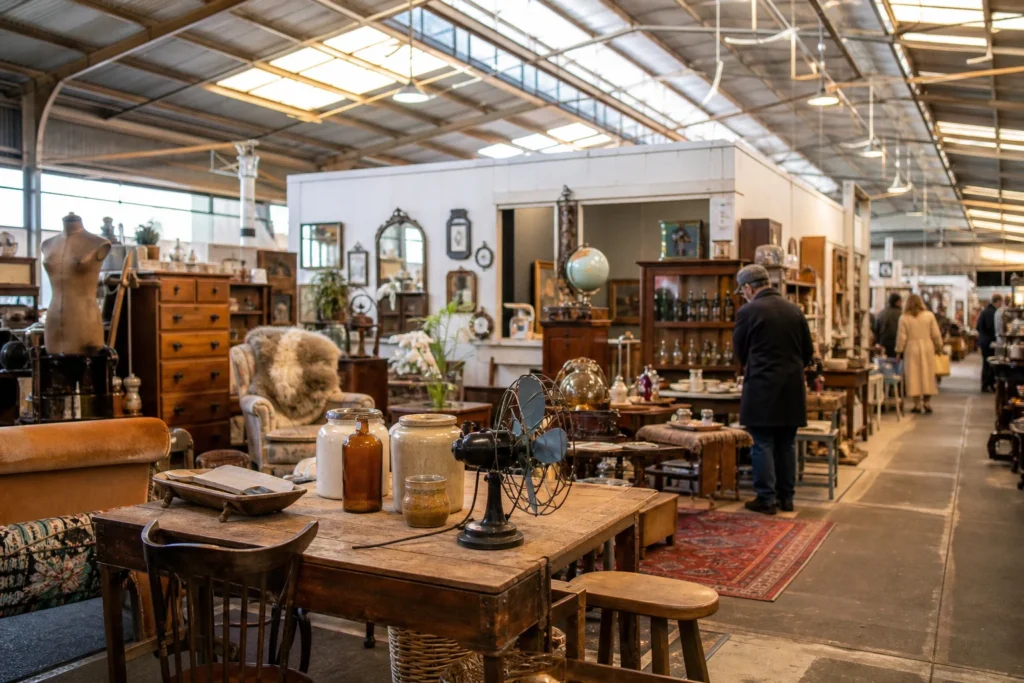 shoppers browsing antique and vintage market stalls at Dirty Janes Bowral in New South Wales