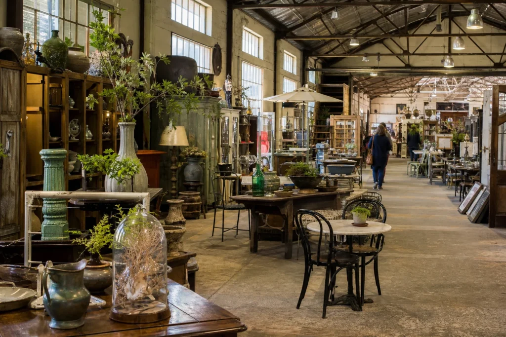 shoppers browsing antique and vintage market stalls at Dirty Janes Canberra in New South Wales