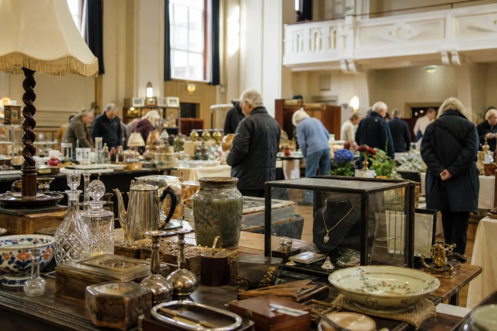 shoppers browsing antique and vintage market stalls at Dorking Halls Fine Antiques Fair in United Kingdom