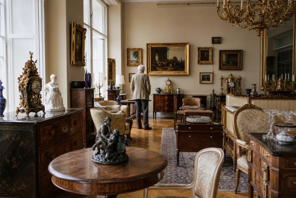shoppers browsing antique and vintage market stalls at Dorotheum Auktionshaus direct sales in Austria