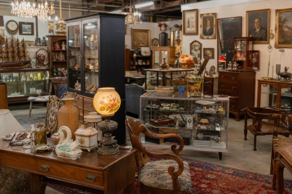 shoppers browsing antique and vintage market stalls at Dothan’s Antique District in Alabama