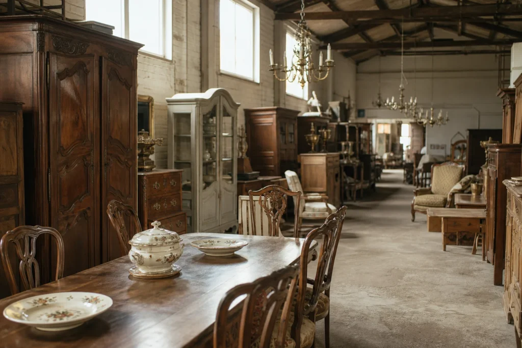 shoppers browsing antique and vintage market stalls at D’Oude Weverij in Belgium