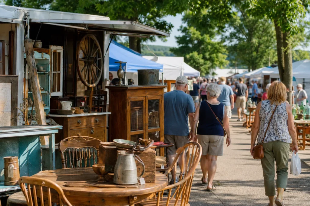 shoppers browsing antique and vintage market stalls at Downtown Oronoco Gold Rush Days in Minnesota