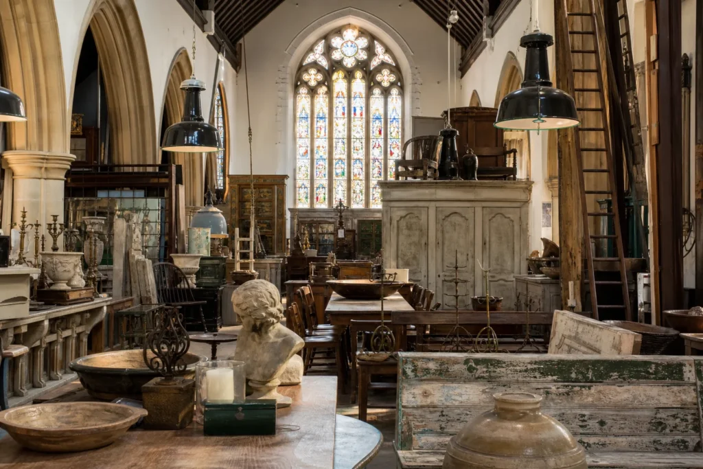 shoppers browsing antique and vintage market stalls at Drew Pritchard Ltd in United Kingdom
