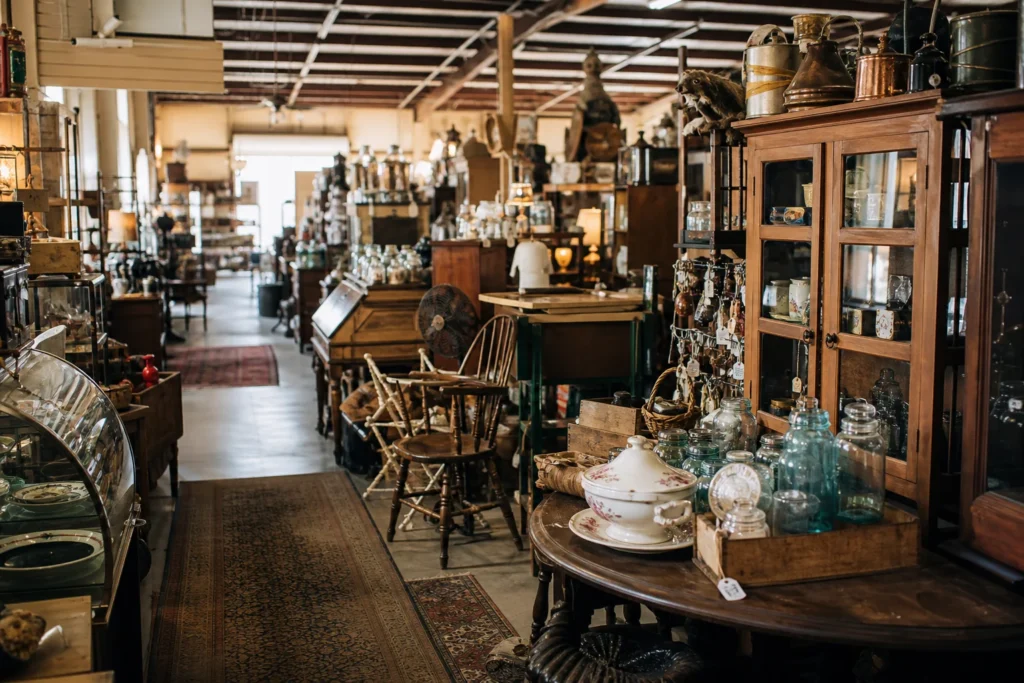 shoppers browsing antique and vintage market stalls at Duke’s Antique Center in Virginia